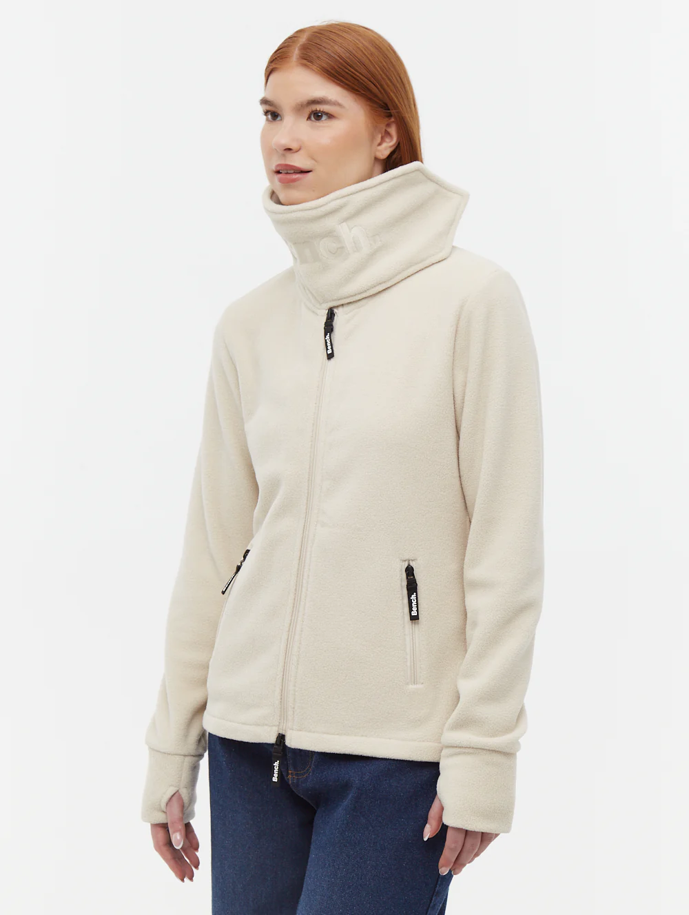 Funnel Microfleece Wrap Neck Zip-Up - Beige - Image 4
