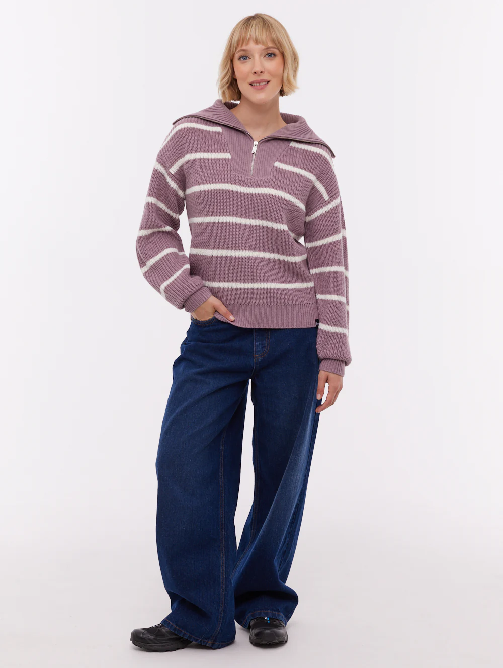 Margita Striped Zippered Funnel Sweater - Purple - Image 2