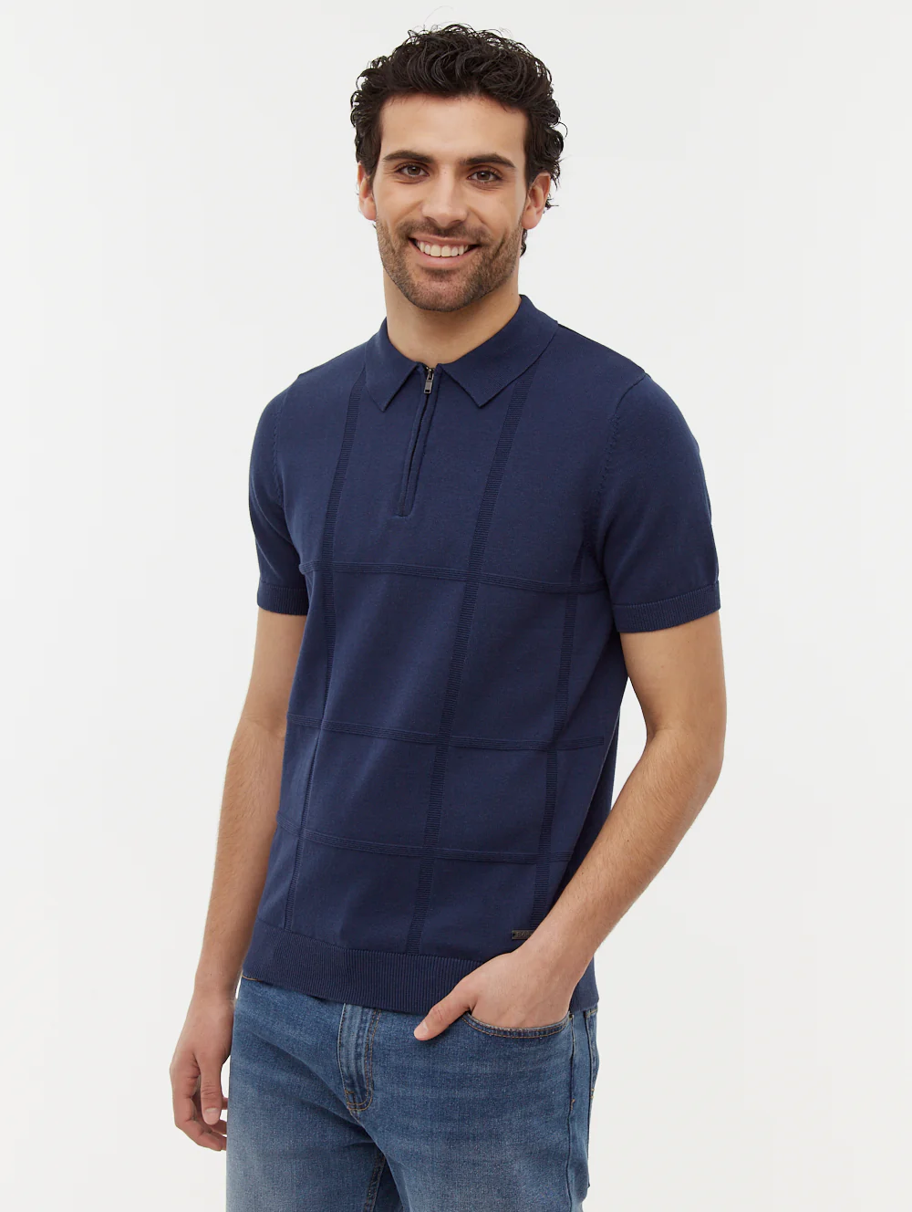 Navaro Grid Pattern Polo Shirt - Blue - Image 4