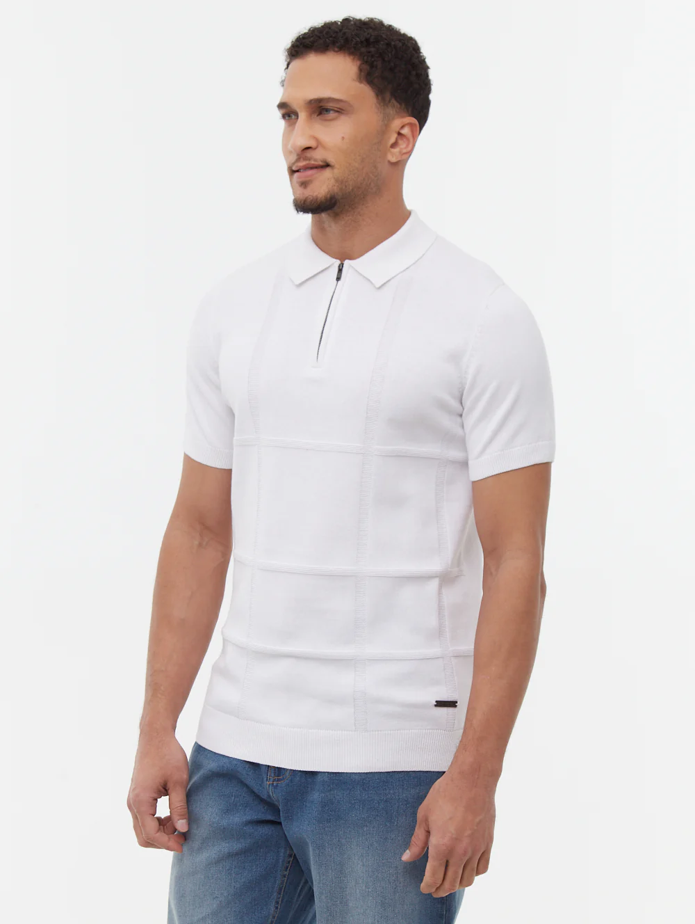 Navaro Grid Pattern Polo Shirt - White - Image 4