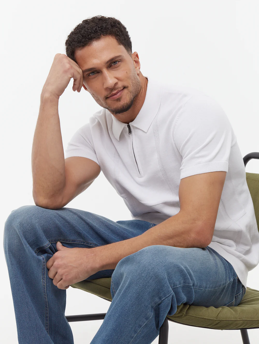 Navaro Grid Pattern Polo Shirt - White - Image 6